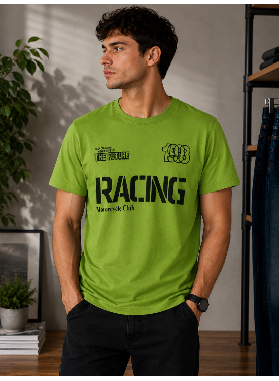 Racing Motorcycle Club Baskılı Yeşil Tişört