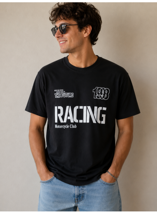 Racing Motorcycle Club Baskılı SiyahTişört