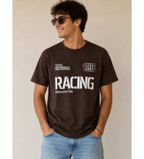 Racing Motorcycle Club Baskılı Kahverengi Tişört
