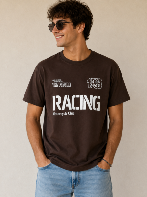 Racing Motorcycle Club Baskılı Kahverengi Tişört