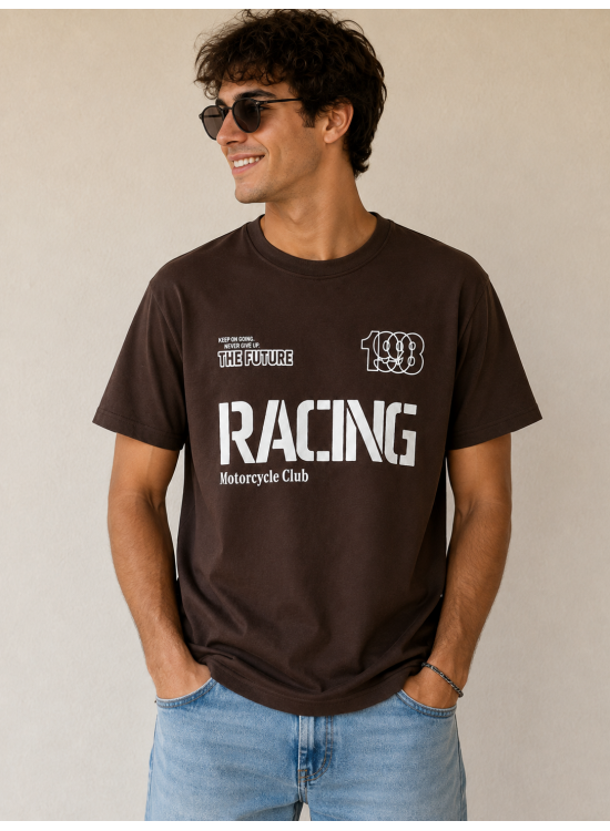 Racing Motorcycle Club Baskılı Kahverengi Tişört