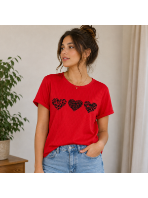 Love Hearts Kalp Desenli Kırmızı Tişört