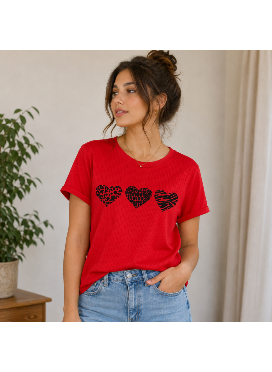 Love Hearts Kalp Desenli Kırmızı Tişört