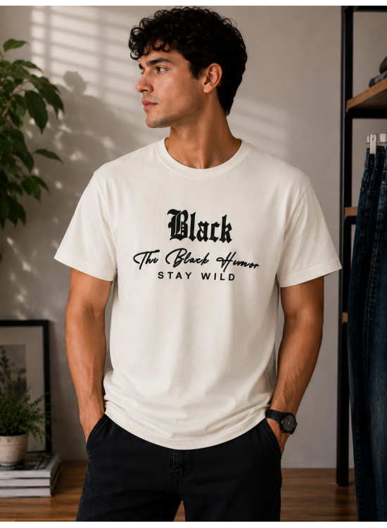 Black Humor Oversize Baskılı Erkek Tişört – Krem