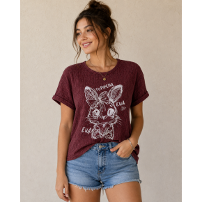 Bordo Tavşan Baskılı Vintage Tişört