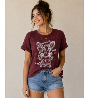 Bordo Tavşan Baskılı Vintage Tişört