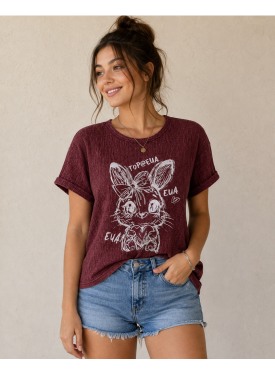 Bordo Tavşan Baskılı Vintage Tişört