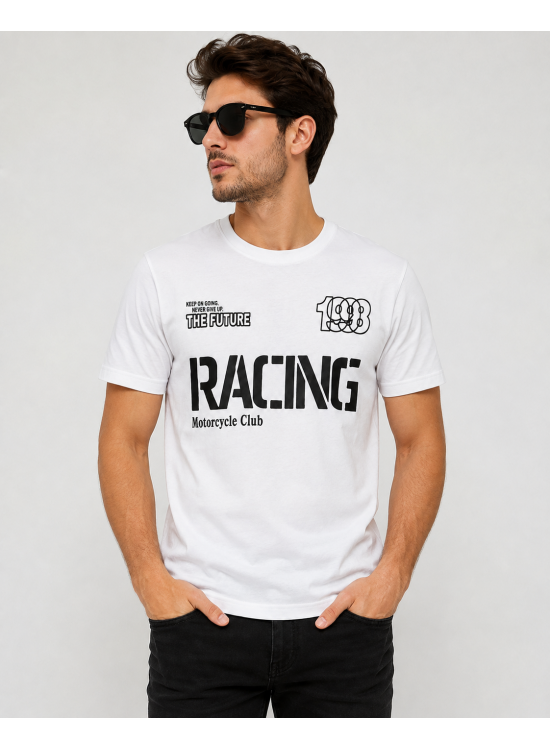 Racing Motorcycle Club Baskılı Beyaz Tişört
