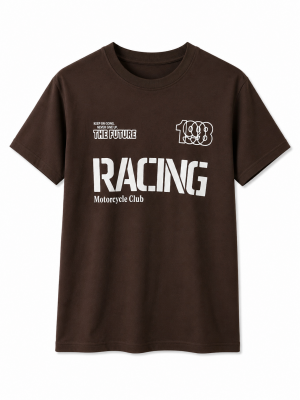 Racing Motorcycle Club Baskılı Kahverengi Tişört