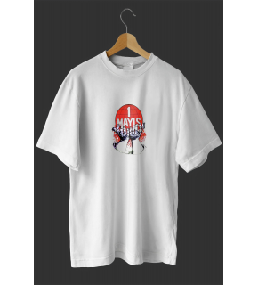 1 Mayıs Emek ve Dayanışma Günü Baskılı Oversize Bisiklet Yaka T-shirt - Beyaz