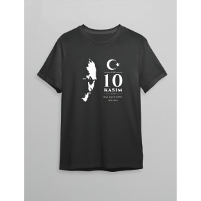 10 Kasım Atatürk Anma Günü Silüet Baskılı Oversize Bisiklet Yaka T-shirt - Siyah