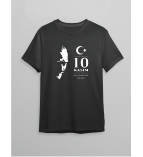 10 Kasım Atatürk Anma Günü Silüet Baskılı Oversize Bisiklet Yaka T-shirt - Siyah