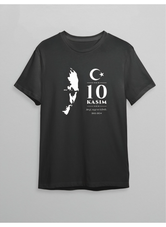 10 Kasım Atatürk Anma Günü Silüet Baskılı Oversize Bisiklet Yaka T-shirt - Siyah