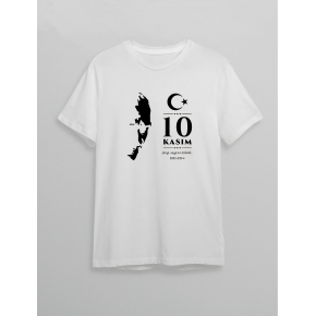 10 Kasım Atatürk Anma Günü Silüet Baskılı Oversize Bisiklet Yaka T-shirt - Beyaz