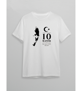 10 Kasım Atatürk Anma Günü Silüet Baskılı Oversize Bisiklet Yaka T-shirt - Beyaz