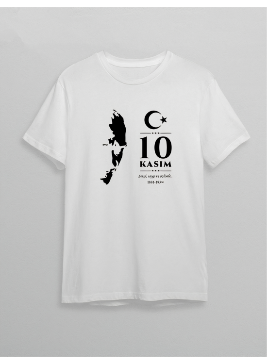 10 Kasım Atatürk Anma Günü Silüet Baskılı Oversize Bisiklet Yaka T-shirt - Beyaz