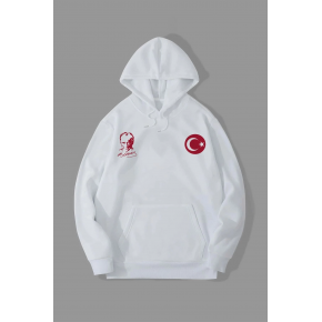Erkek 10 Kasıma Özel 3 İplik Kapüşonlu Baskılı SweatShirt Hoodie - Beyaz