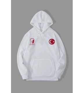 Erkek 10 Kasıma Özel 3 İplik Kapüşonlu Baskılı SweatShirt Hoodie - Beyaz