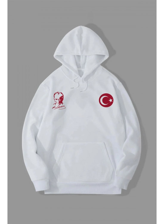 Erkek 10 Kasıma Özel 3 İplik Kapüşonlu Baskılı SweatShirt Hoodie - Beyaz