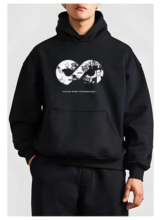 Erkek 10 Kasıma Özel 3 İplik Kapüşonlu Baskılı SweatShirt Hoodie - Siyah Erkek 10 Kasıma Özel 3 İplik Kapüşonlu Baskılı SweatShirt Hoodie - Siyah