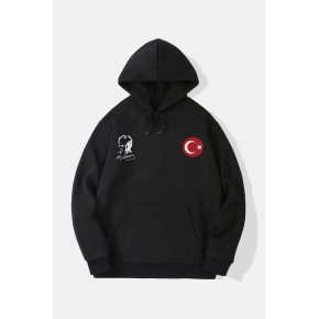 10 Kasıma Özel 3 İplik Kapüşonlu Baskılı SweatShirt Hoodie - Siyah