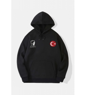 10 Kasıma Özel 3 İplik Kapüşonlu Baskılı SweatShirt Hoodie - Siyah