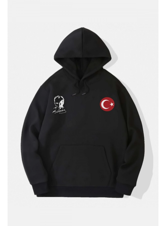 10 Kasıma Özel 3 İplik Kapüşonlu Baskılı SweatShirt Hoodie - Siyah