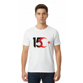 15 Temmuz Demokrasi ve Milli Birlik Günü Ay Yıldız Baskılı T-shirt - Beyaz