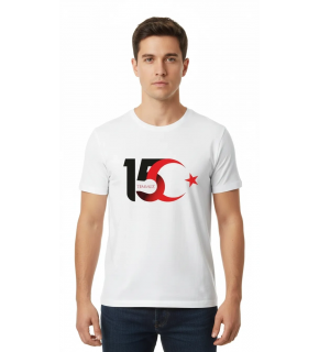 15 Temmuz Demokrasi ve Milli Birlik Günü Ay Yıldız Baskılı T-shirt - Beyaz