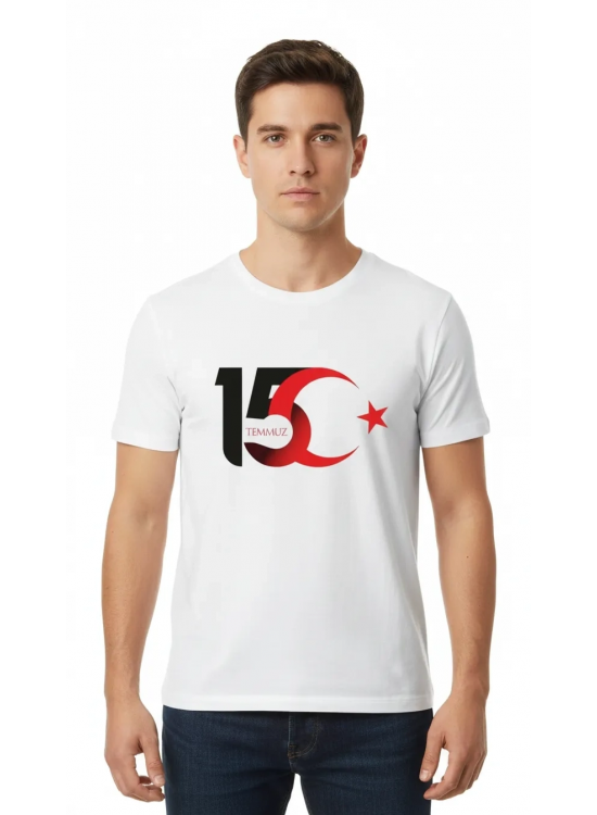 15 Temmuz Demokrasi ve Milli Birlik Günü Ay Yıldız Baskılı T-shirt - Beyaz