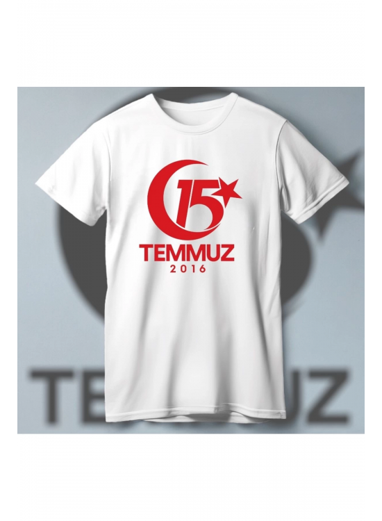 15 Temmuz Demokrasi ve Milli Birlik 2016 Anma Baskılı Bisiklet Yaka T-shirt - Beyaz