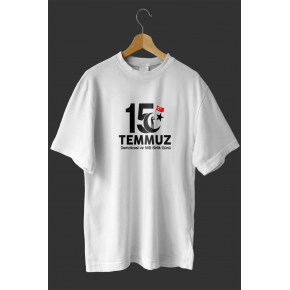 15 Temmuz Demokrasi ve Milli Birlik Günü Baskılı Oversize Bisiklet Yaka T-shirt - Beyaz