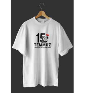 15 Temmuz Demokrasi ve Milli Birlik Günü Baskılı Oversize Bisiklet Yaka T-shirt - Beyaz