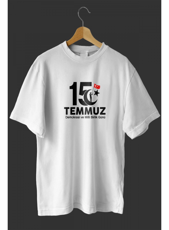 15 Temmuz Demokrasi ve Milli Birlik Günü Baskılı Oversize Bisiklet Yaka T-shirt - Beyaz