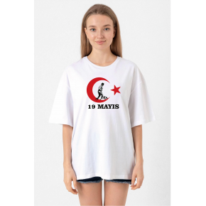 19 Mayıs Atatürk Gençlik Spor Bayramı Baskılı Bisiklet Yaka T-shirt - Beyaz