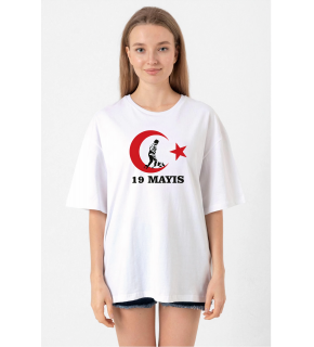 19 Mayıs Atatürk Gençlik Spor Bayramı Baskılı Bisiklet Yaka T-shirt - Beyaz