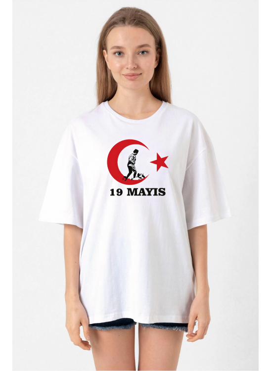 19 Mayıs Atatürk Gençlik Spor Bayramı Baskılı Bisiklet Yaka T-shirt - Beyaz