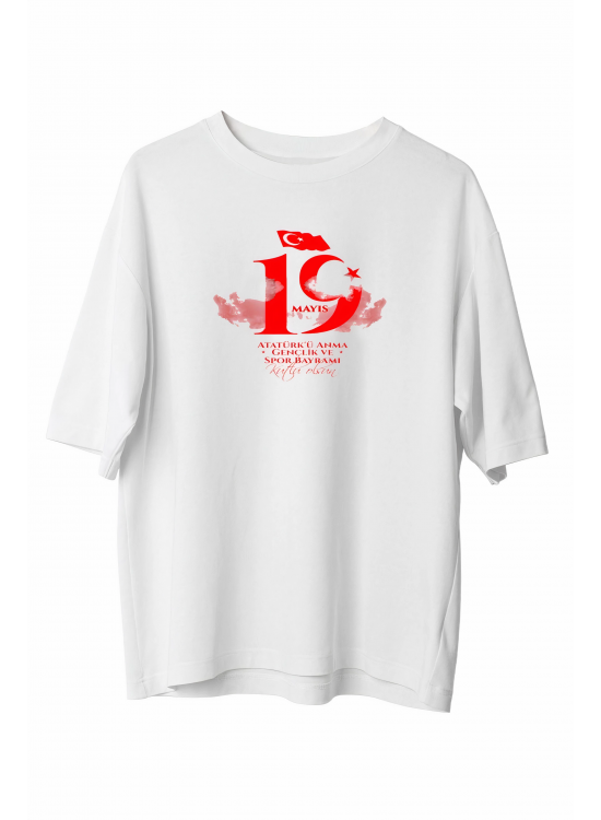 19 Mayıs Atatürk Temalı Gençlik ve Spor Bayramı Bisiklet Yaka T-shirt - Beyaz