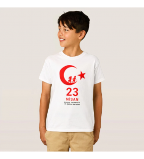 Çocuk 23 Nisan Ulusal Egemenlik ve Çocuk Bayramı Baskılı Bisiklet Yaka T-shirt - Beyaz