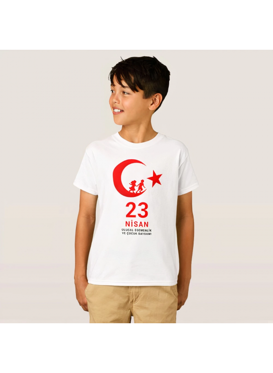 Çocuk 23 Nisan Ulusal Egemenlik ve Çocuk Bayramı Baskılı Bisiklet Yaka T-shirt - Beyaz Çocuk 23 Nisan Ulusal Egemenlik ve Çocuk Bayramı Baskılı Bisiklet Yaka T-shirt - Beyaz
