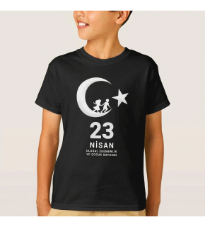Çocuk 23 Nisan Ulusal Egemenlik ve Çocuk Bayramı Baskılı Bisiklet Yaka T-shirt - Siyah
