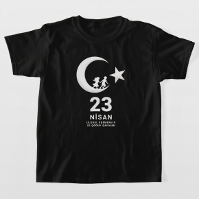 Çocuk 23 Nisan Ulusal Egemenlik ve Çocuk Bayramı Baskılı Bisiklet Yaka T-shirt - Siyah