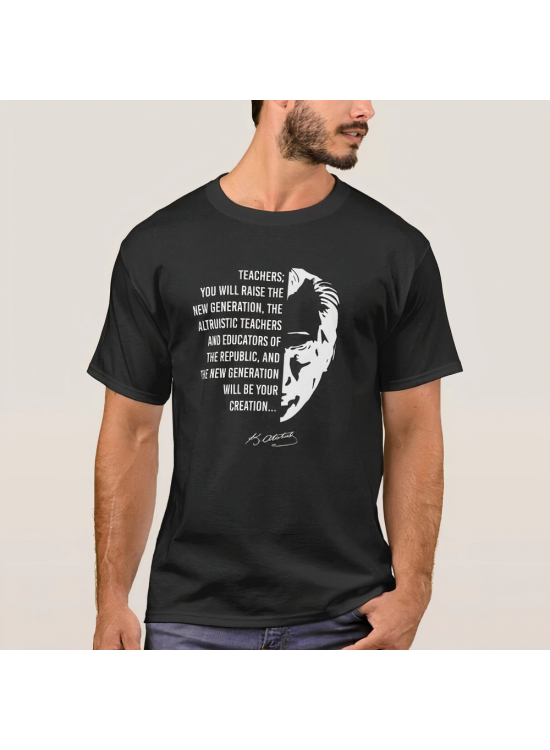 24 Kasım Öğretmenler Günü Temalı Baskılı Bisiklet Yaka T-shirt - Siyah
