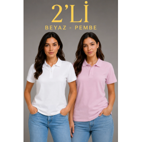 2'li Kadın Polo Yaka Pike Kumaş Düğmeli Basic Tişört Günlük Rahat Kesim - Beyaz, Pembe