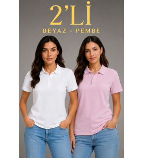 2'li Kadın Polo Yaka Pike Kumaş Düğmeli Basic Tişört Günlük Rahat Kesim - Beyaz, Pembe