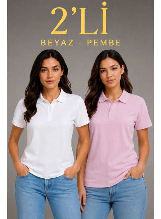 2'li Kadın Polo Yaka Pike Kumaş Düğmeli Basic Tişört Günlük Rahat Kesim - Beyaz, Pembe 2'li Kadın Polo Yaka Pike Kumaş Düğmeli Basic Tişört Günlük Rahat Kesim - Beyaz, Pembe