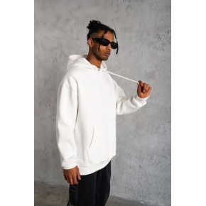 Erkek 3 İplik Pamuklu Kapüşonlu Cepli Düz Oversize Hoodie Sweatshirt - Beyaz