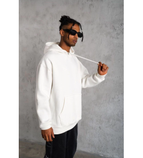 Erkek 3 İplik Pamuklu Kapüşonlu Cepli Düz Oversize Hoodie Sweatshirt - Beyaz