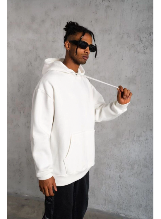 Erkek 3 İplik Pamuklu Kapüşonlu Cepli Düz Oversize Hoodie Sweatshirt - Beyaz Erkek 3 İplik Pamuklu Kapüşonlu Cepli Düz Oversize Hoodie Sweatshirt - Beyaz