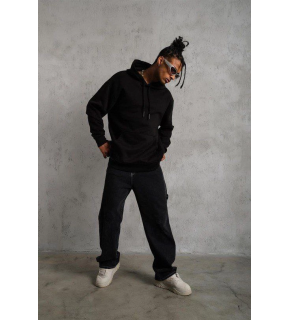 Erkek 3 İplik Pamuklu Kapüşonlu Cepli Düz Oversize Hoodie Sweatshirt - Siyah